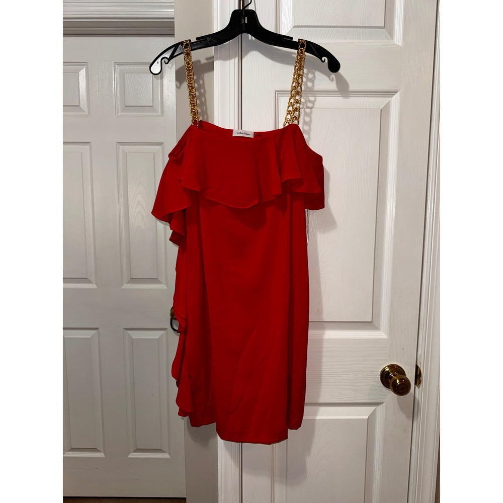 Calvin‎ Klein Red Cold Shoulder Ruffle Chain Strap Mini Dress Size 10